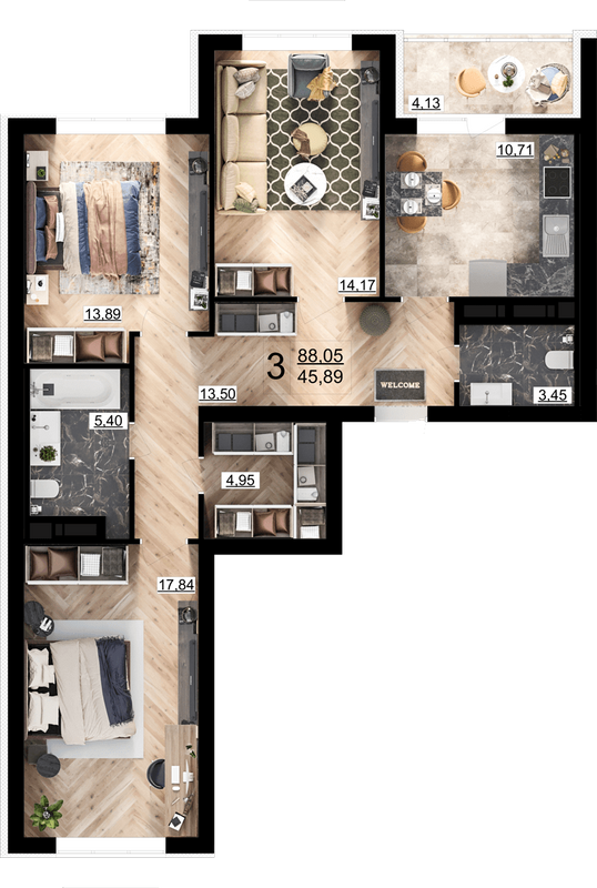 3-комнатная 88.05 м² в ЖК Парковый квартал «Город цветов» от 28 000 грн/м², Киев