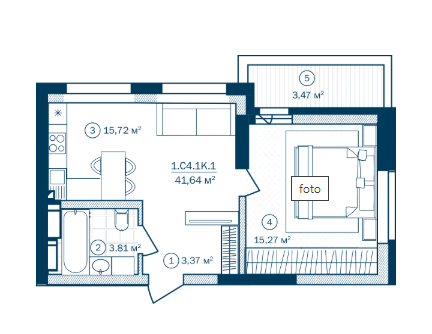 1-комнатная 41.64 м² в ЖК Rusaniv Residence от 25 250 грн/м², Киев
