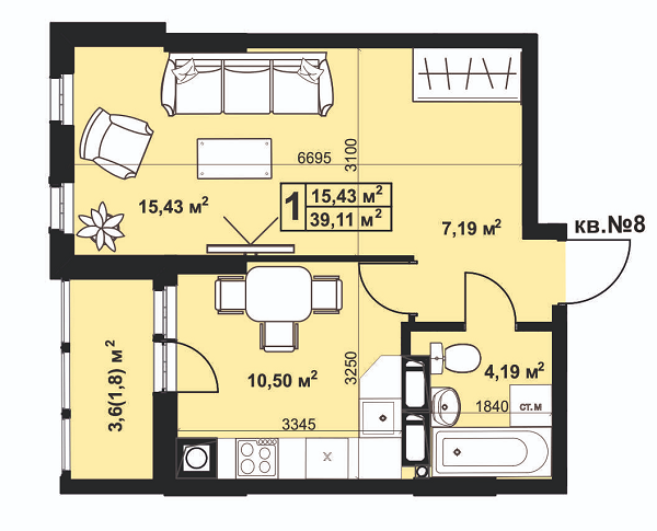 1-кімнатна 39.11 м² в ЖК Андріївський від 14 800 грн/м², м. Прилуки