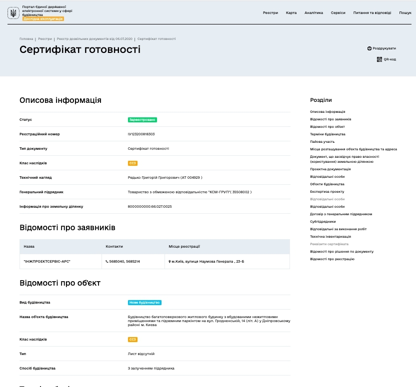Сертификат о готовности Жилой комплекс, ЖК Днепровский