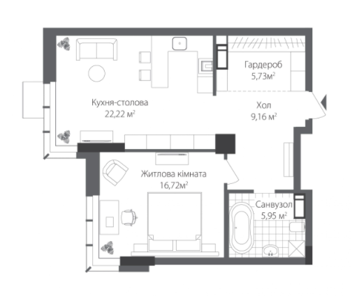 1-кімнатна 59.78 м² в ЖК RiverStone від 41 420 грн/м², Київ