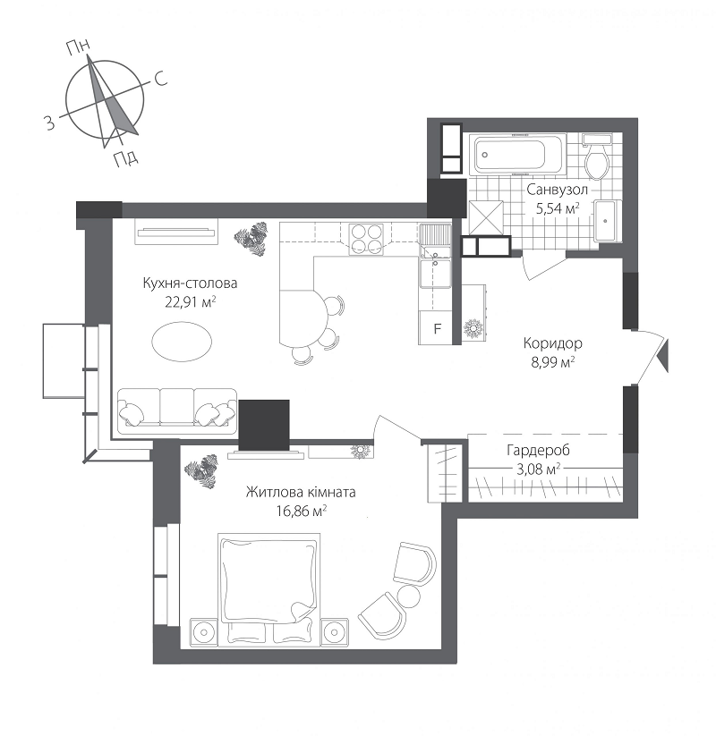 1-кімнатна 57.38 м² в ЖК RiverStone від 41 420 грн/м², Київ
