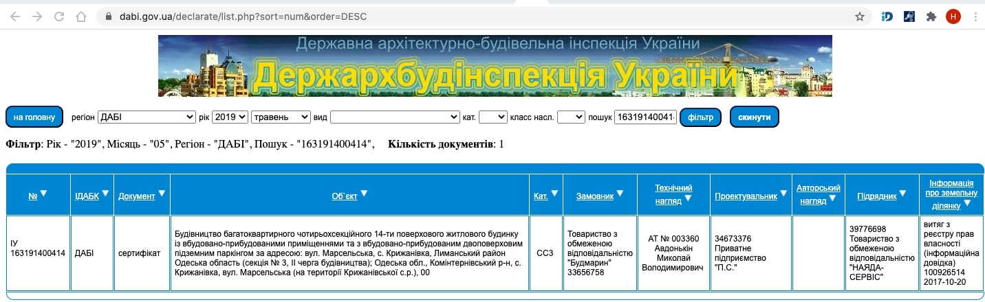 Сертифікат про готовність 1 дом (секция 3), ЖК Приморські Сади