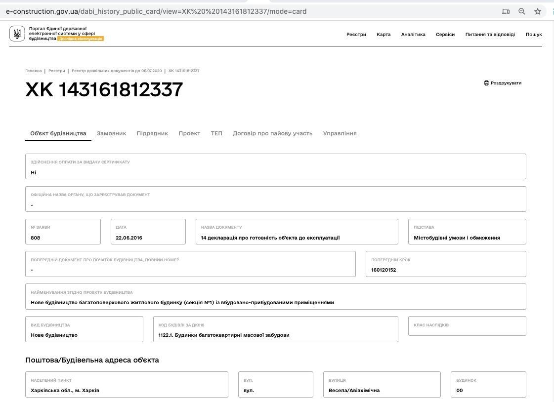 Сертифікат про готовність Секция 12, ЖК River Town