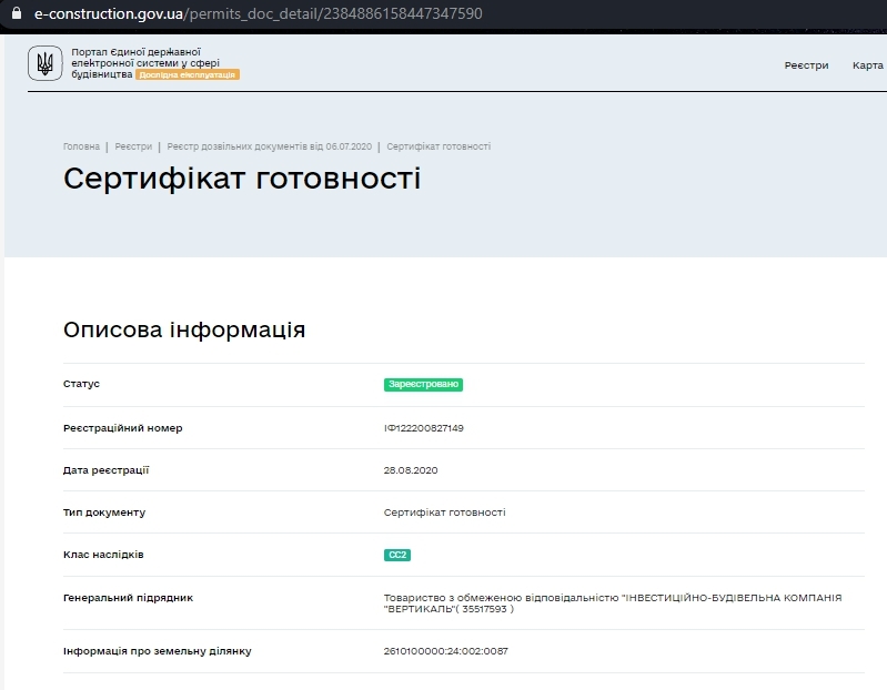 Сертификат о готовности 8 секция, ЖК HydroPark DeLuxe