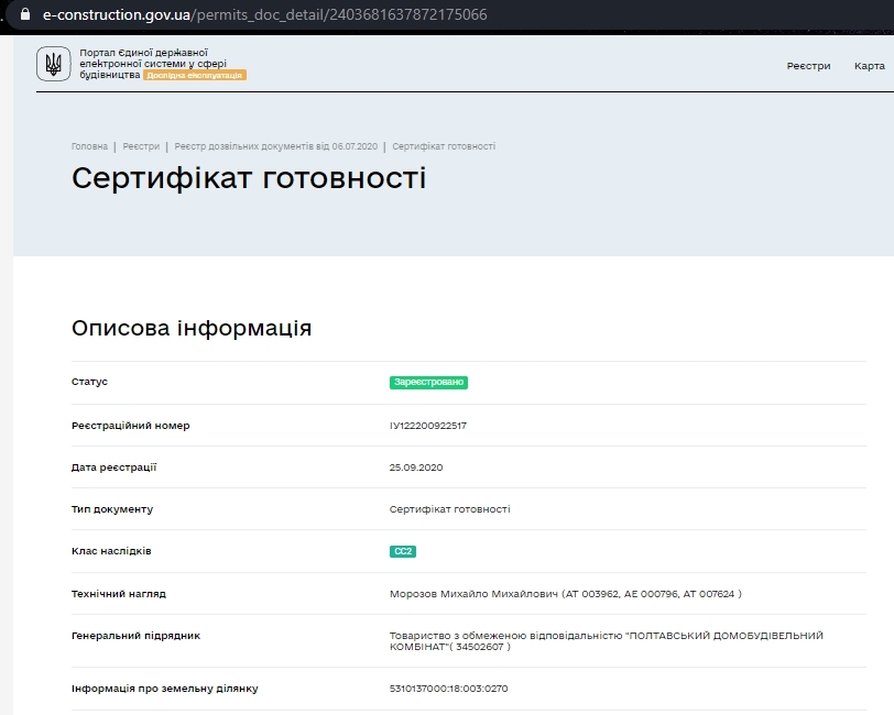 Сертификат о готовности Дом, ЖК на вул. Колективна, 4/1