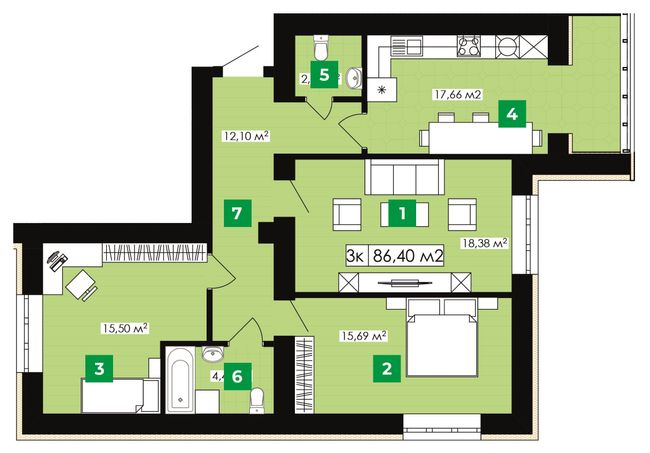 3-кімнатна 86.4 м² в ЖК Парковий від 13 300 грн/м², Івано-Франківськ