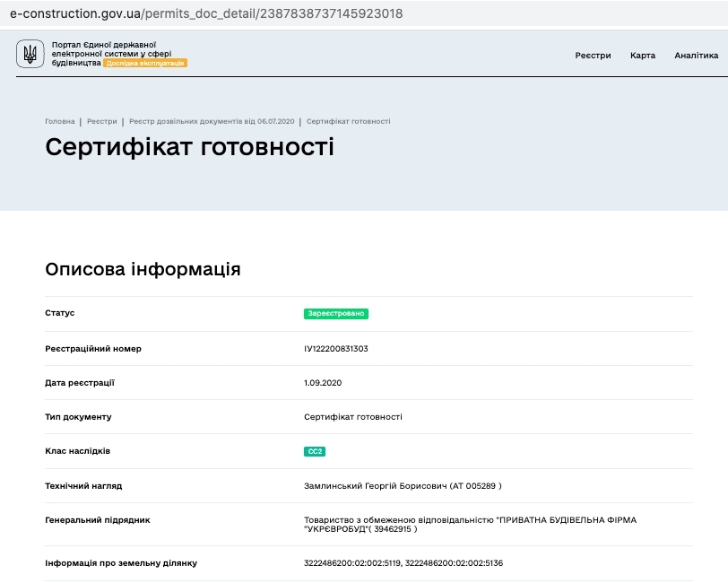 Сертификат о готовности Молодежная, 11, ЖК София Сити