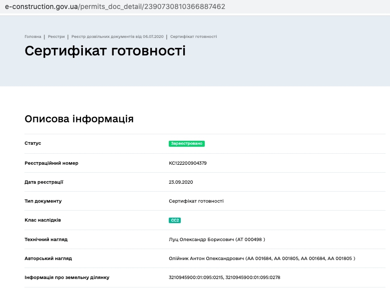 Сертифікат про готовність Дом 5, ЖК PARKTOWN