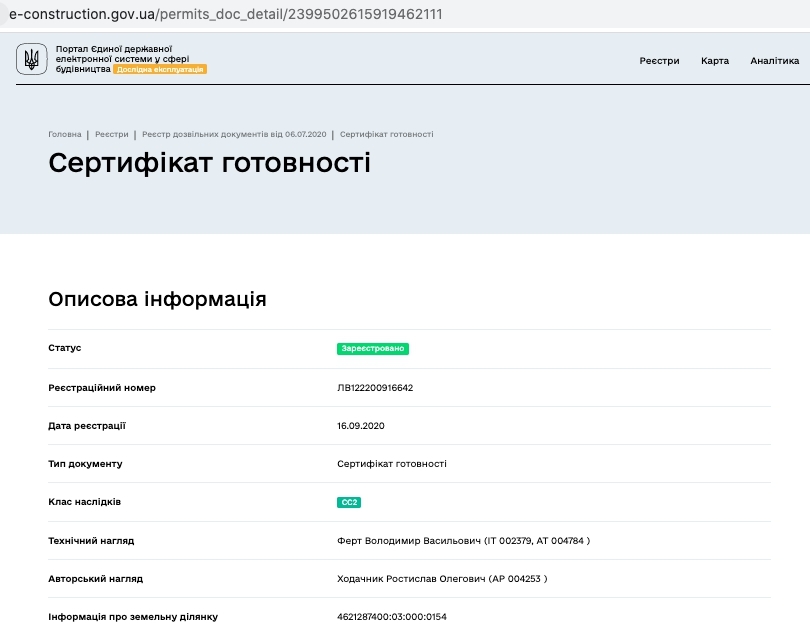 Сертификат о готовности Секция 2, ЖК Будова Медова