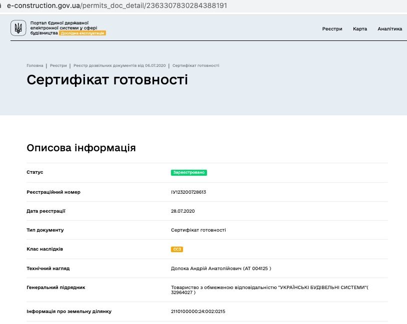 Сертификат о готовности 13-15 секции, ЖК Маєток Боздош