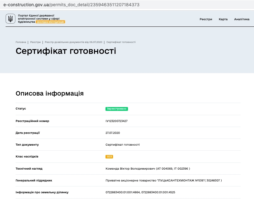 Сертификат о готовности Жилой комплекс, ЖД Липинський+