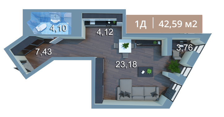 1-кімнатна 42.34 м² в ЖК Вежа на Ломоносова від 37 153 грн/м², Київ