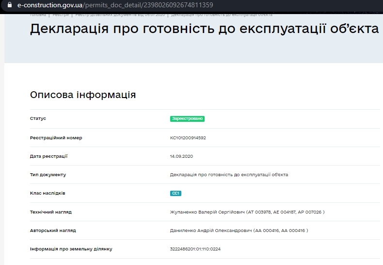 Сертифікат про готовність Дом 1 (Сечевая, 29), ЖК Затишний (вул. Січова, 31)