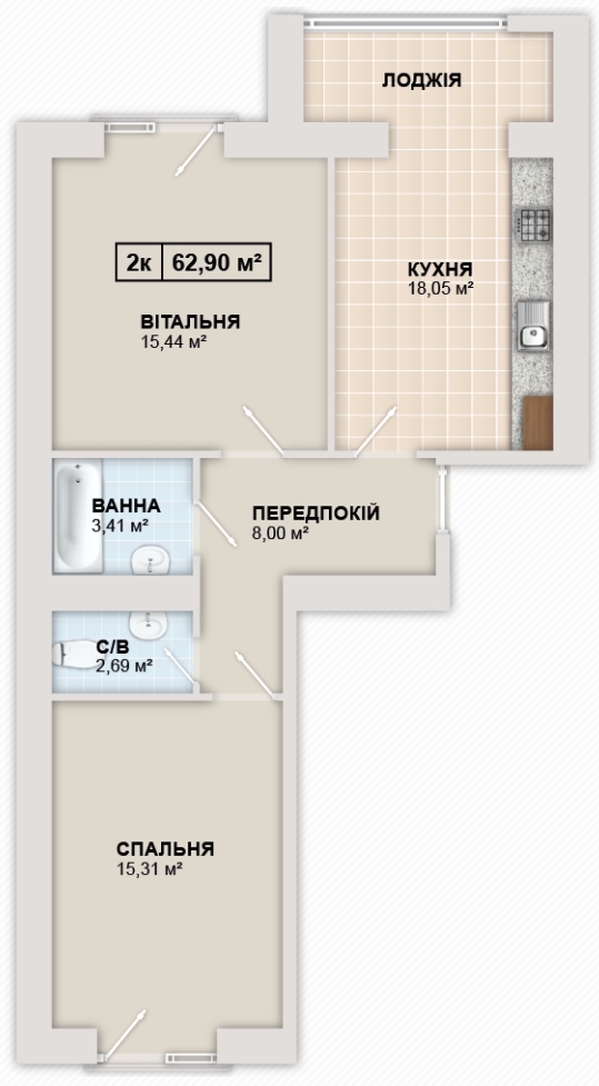 2-кімнатна 62.93 м² в ЖК Містечко Козацьке від 12 300 грн/м², Івано-Франківськ