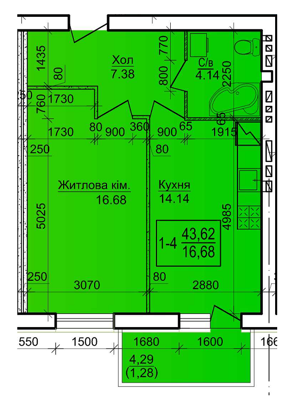 1-кімнатна 43.62 м² в ЖК Будинок №20 від 14 000 грн/м², м. Васильків