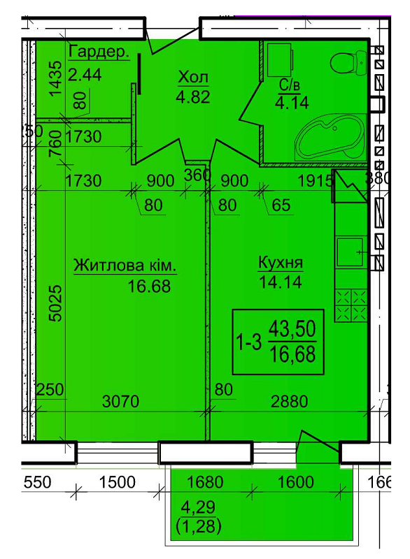 1-кімнатна 43.5 м² в ЖК Будинок №20 від 15 400 грн/м², м. Васильків
