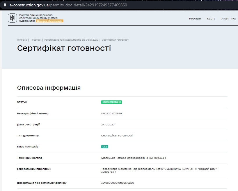 Сертифікат про готовність Дом 2, ЖК Київський