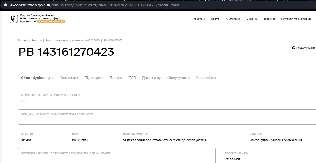 Сертификат о готовности Секция 1, ЖК Ріверсайд