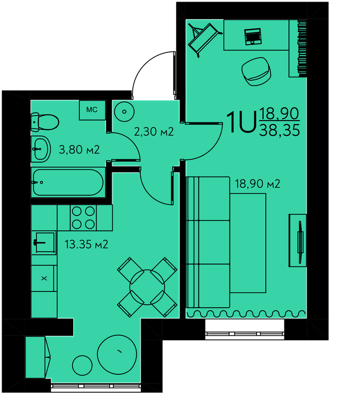 1-комнатная 38.35 м² в ЖК Молодежный городок от 22 000 грн/м², с. Крюковщина