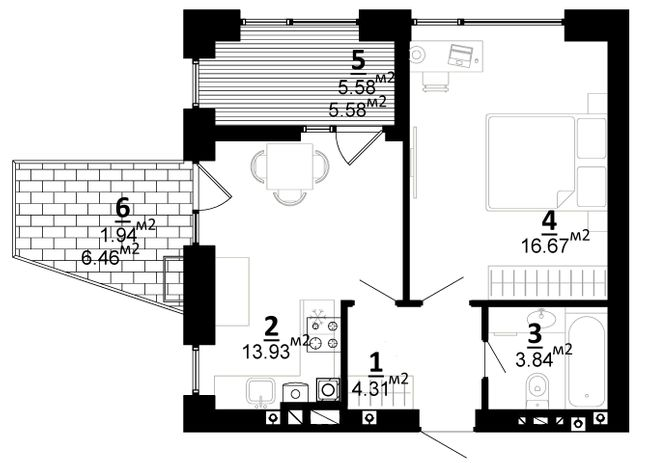 1-кімнатна 46.27 м² в ЖК City Lake від 22 500 грн/м², с. Шевченкове