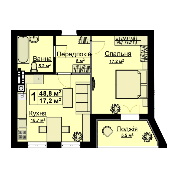 1-комнатная 48.8 м² в ЖК Vlasna от 23 000 грн/м², с. Ходосовка