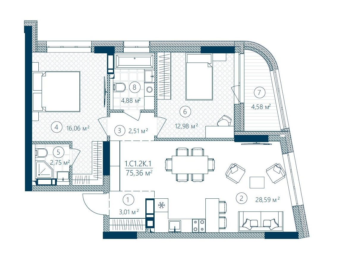 2-комнатная 75.36 м² в ЖК Rusaniv Residence от 39 163 грн/м², Киев