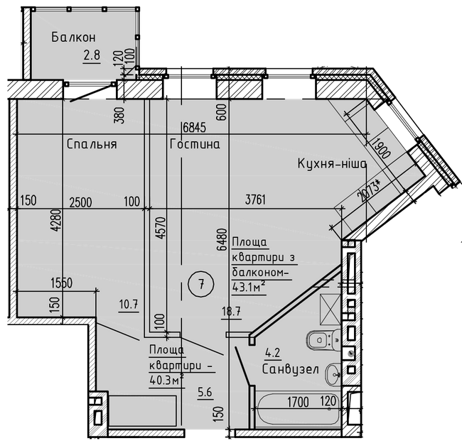 1-кімнатна 43.1 м² в ЖК Надеждинский від 31 600 грн/м², Дніпро