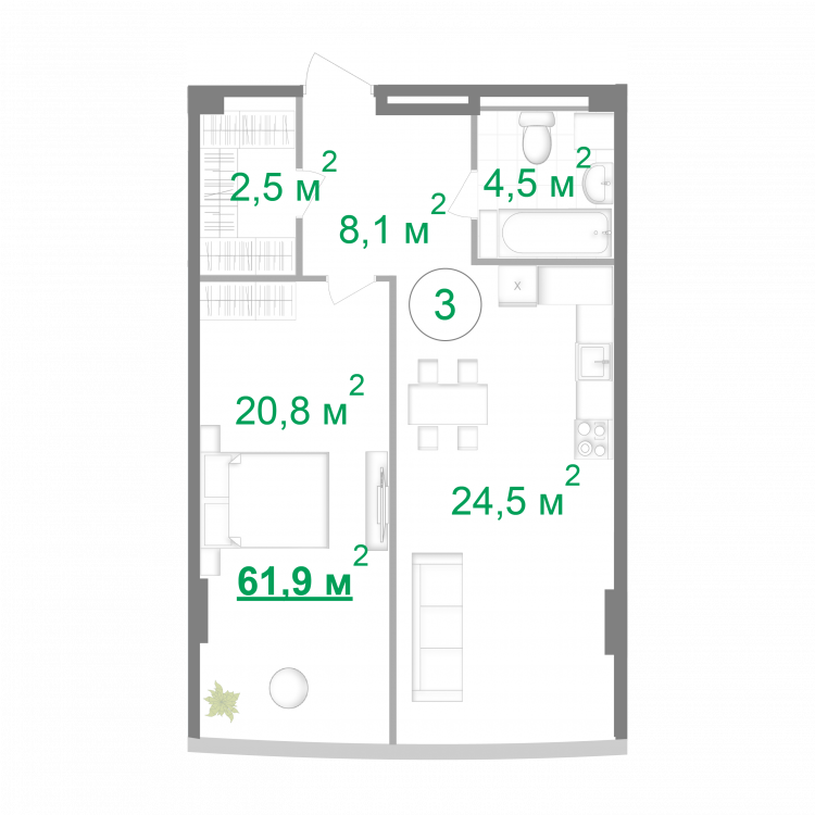 1-комнатная 61.9 м² в МФК Intergal City от 56 392 грн/м², Киев