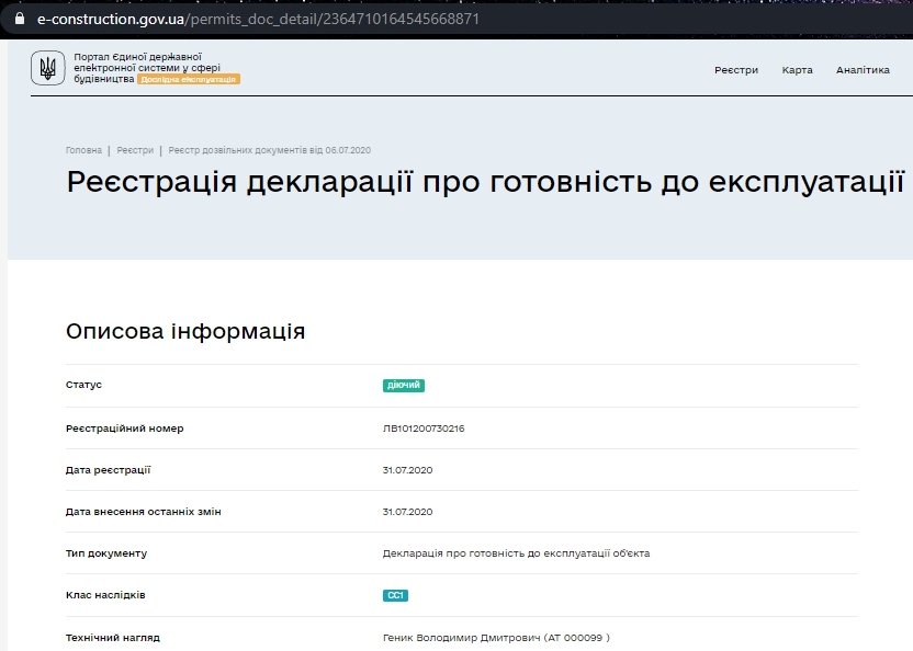 Сертификат о готовности Секция 1, ЖК Амстердам