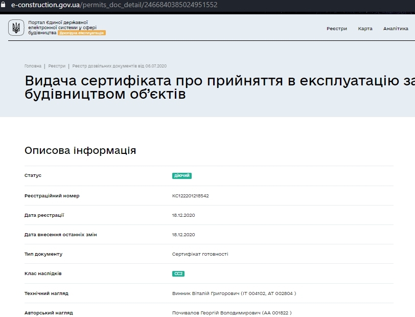 Сертифікат про готовність 1 дом, ЖК Сяйво 2