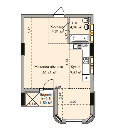 1-кімнатна 30.48 м² в ЖК 044 від 47 000 грн/м², Київ