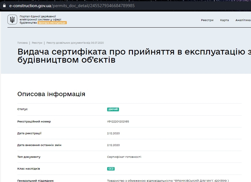 Сертификат о готовности Секции 6-8, ЖК Княгинин Парк