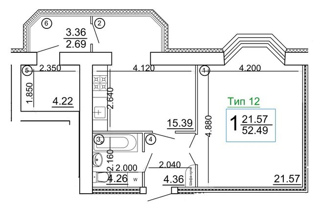 1-кімнатна 52.49 м² в Мкрн Академічний від 18 800 грн/м², Вінниця