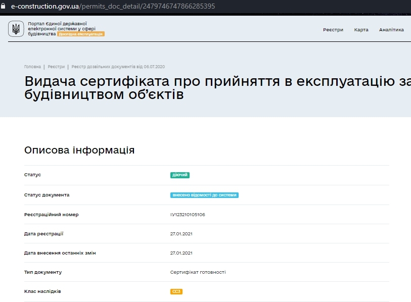 Сертифікат про готовність 12 секция, ЖК Меридіан