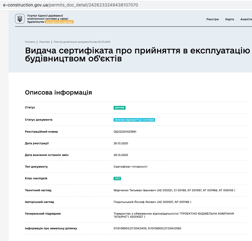 Сертифікат про готовність Дом, ЖК Простір на 12-й Фонтана