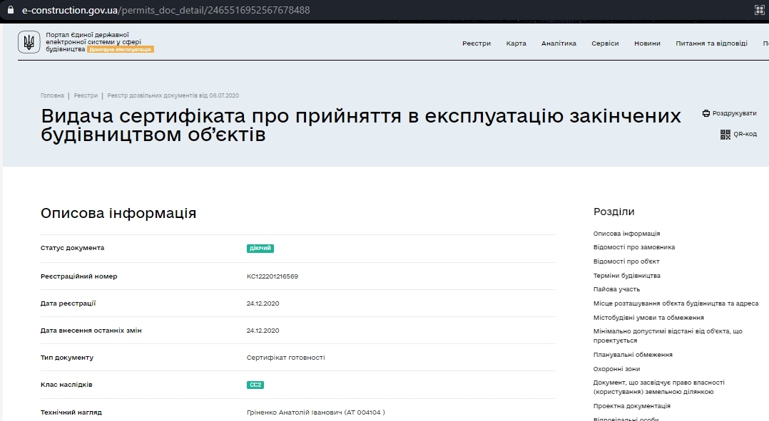 Сертифікат про готовність Дом 1, ЖК Банківський 2