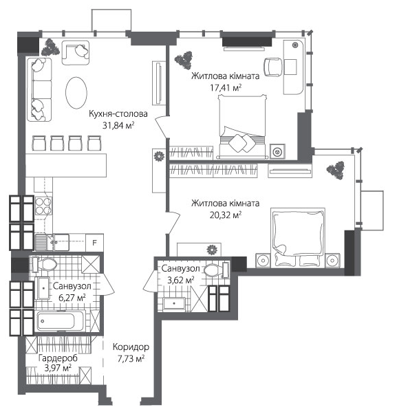 2-комнатная 91.16 м² в ЖК RiverStone от 51 950 грн/м², Киев