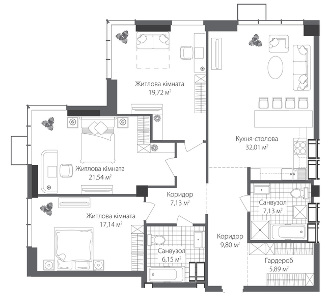 3-кімнатна 126.51 м² в ЖК RiverStone від 1 364 820 грн/м², Київ