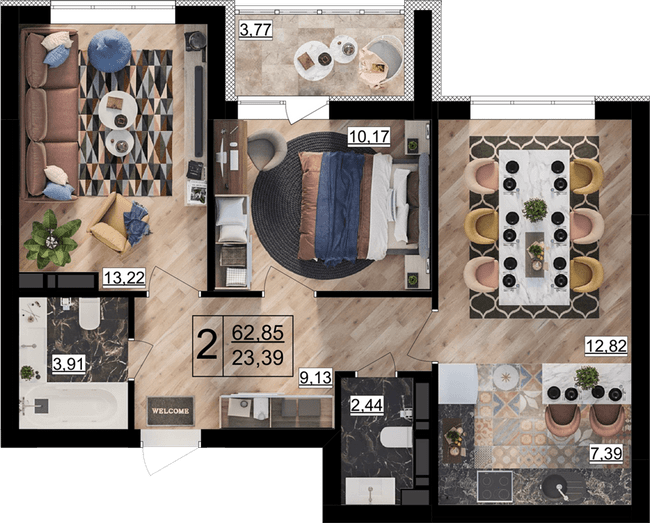 2-комнатная 62.85 м² в ЖК Парковый квартал «Город цветов» от 31 550 грн/м², Киев