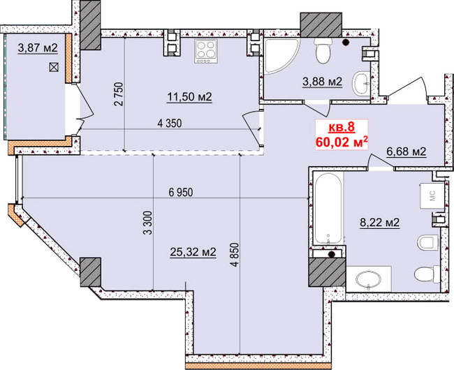 1-комнатная 60.02 м² в ЖК Славия от застройщика, Днепр