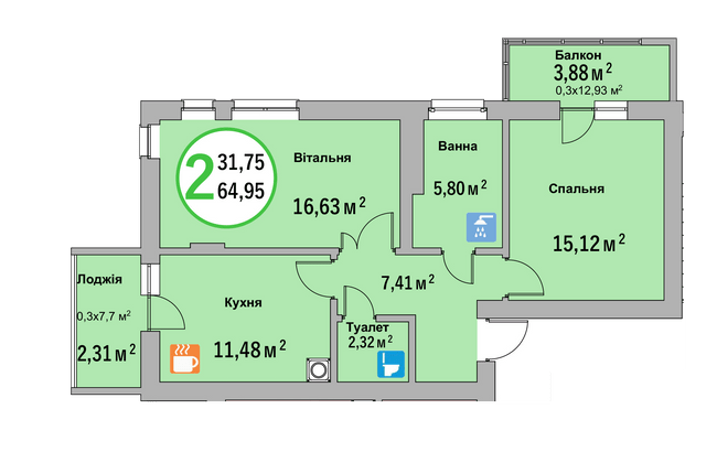 2-комнатная 64.95 м² в ЖК Эко-дом на Батуринской от 39 500 грн/м², Львов