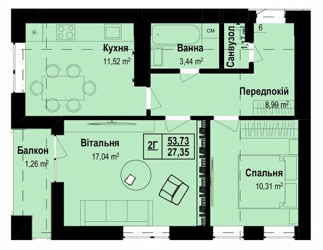 2-комнатная 53.73 м² в ЖК Vlasna от 23 000 грн/м², с. Ходосовка