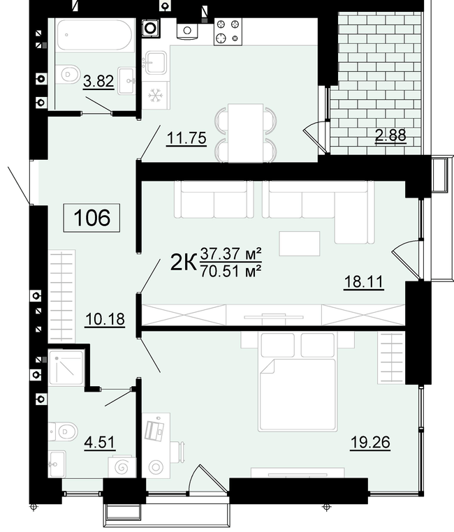 2-кімнатна 70.51 м² в ЖК City Lake від 23 000 грн/м², с. Шевченкове