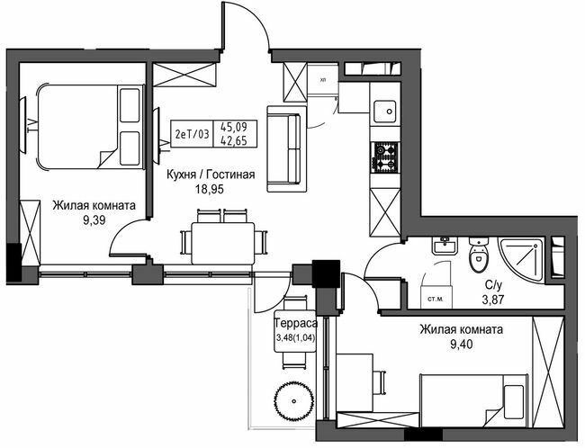 2-кімнатна 42.65 м² в ЖМ ARTVILLE від 21 950 грн/м², смт Авангард