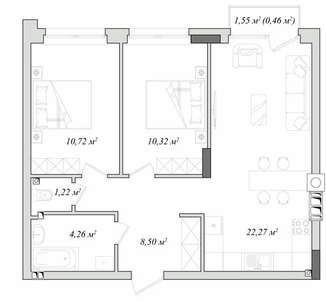 2-кімнатна 57.3 м² в КБ DeLuxe від 26 400 грн/м², м. Ірпінь