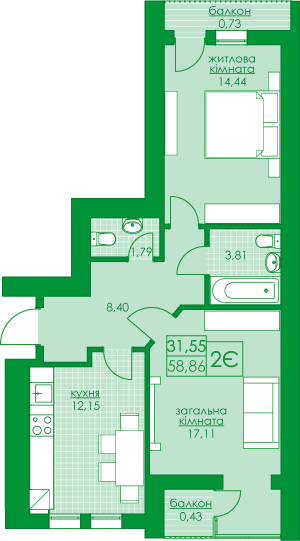 2-кімнатна 58.86 м² в ЖК Київський від 17 800 грн/м², м. Буча