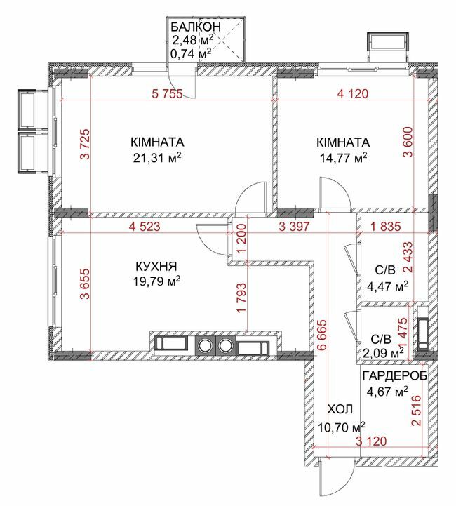 2-кімнатна 78.54 м² в ЖК Riverside від 29 000 грн/м², с. Погреби