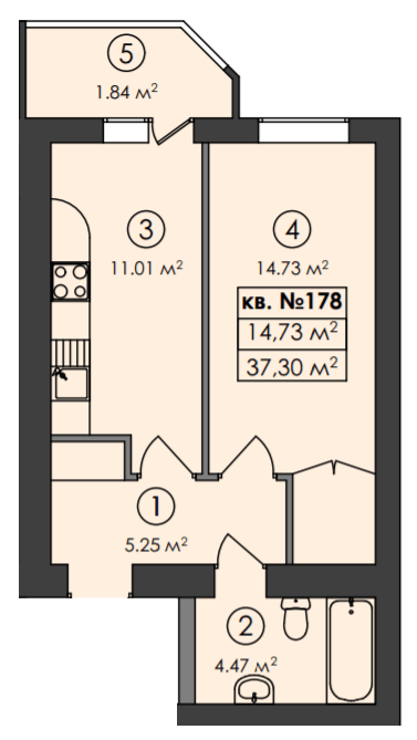 1-кімнатна 37.3 м² в ЖК Family-2 від 18 100 грн/м², с. Гатне