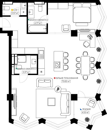 2-комнатная 88.87 м² в ЖК KYIVPROEKT City Space от 115 953 грн/м², Киев